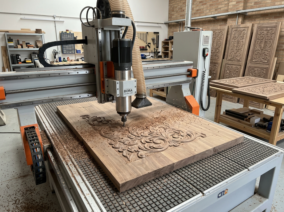 CNC router carving a pattern into a large wooden board